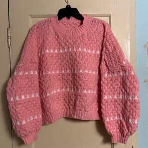 SHEIN Pink and White Cable Knit Sweater